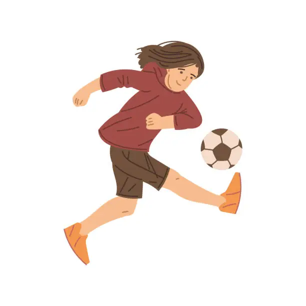 Vector illustration of Teenager girl playing football, vector illustration isolated on white