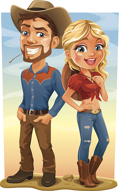 Dessin de Cowboy et Cow-girl complet du corps adulte Couple de l'Ouest - Illustration vectorielle