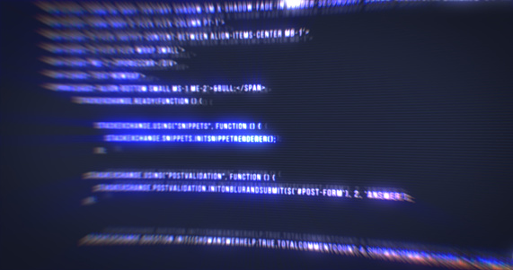 The process of writing a digital code by a programmer in a programming language, glowing letters and numbers. Making computer programs blue background.
