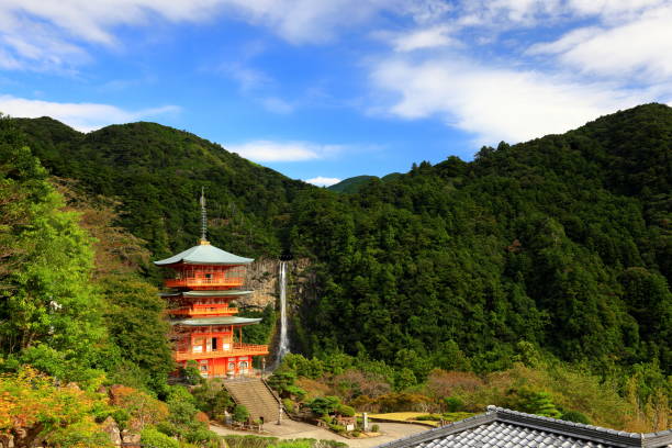 pagode do templo seianto-ji tendo como pano de fundo as cataratas nachi em nachisan, nachikatsuura, - higashimuro - fotografias e filmes do acervo