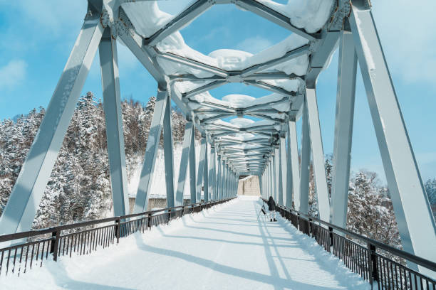 shirahige-wasserfallbrücke mit schnee im winter, fluss biei mündet in den blauen teich. wahrzeichen und beliebt für attraktionen in hokkaido, japan. reise- und urlaubskonzept - biei stadt stock-fotos und bilder