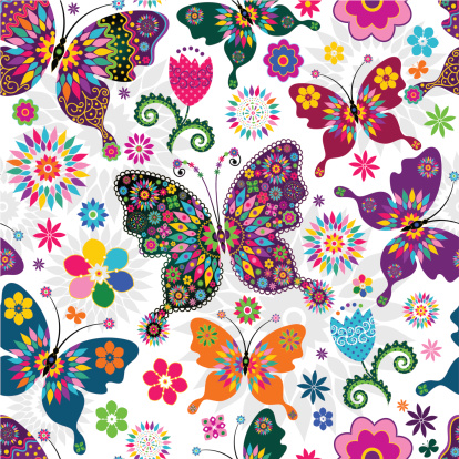 Seamless spring white floral pattern with colorful butterflies and flowers (vector)