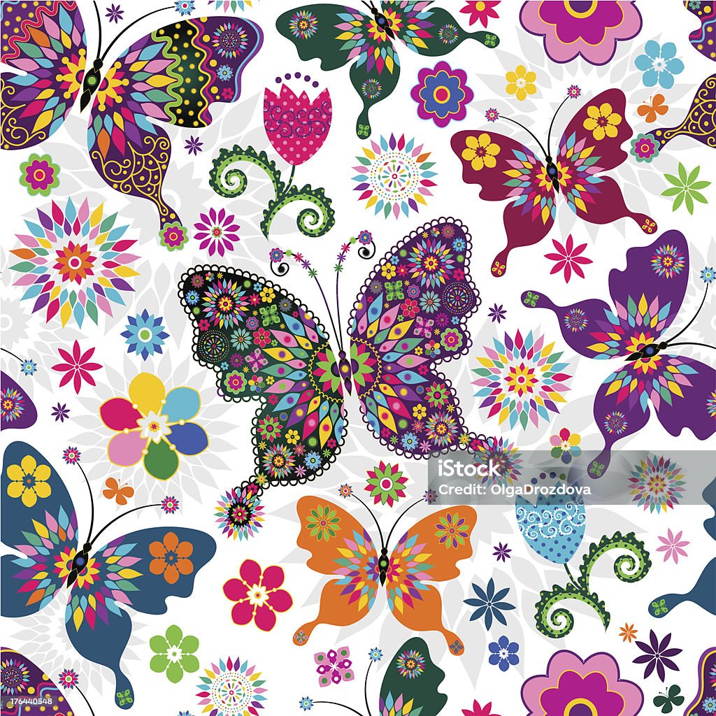 Seamless spring pattern Seamless spring white floral pattern with colorful butterflies and flowers (vector) Butterfly - Insect stock vector