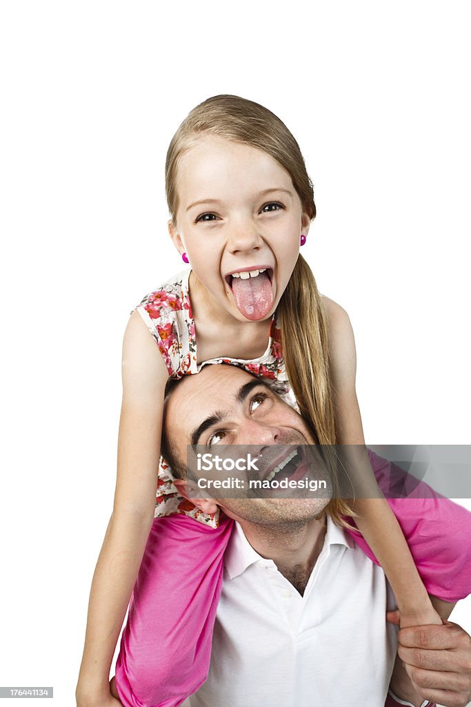 Padre con hija en hombros; Primer plano - Foto de stock de Fondo blanco libre de derechos