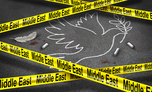 Middle East War Tragedy peace crisis and the tragedy of tribal conflict as a crime scene symbol of violence and territorial disputes as a chalk drawing of a dead dove representing tragic conflict.