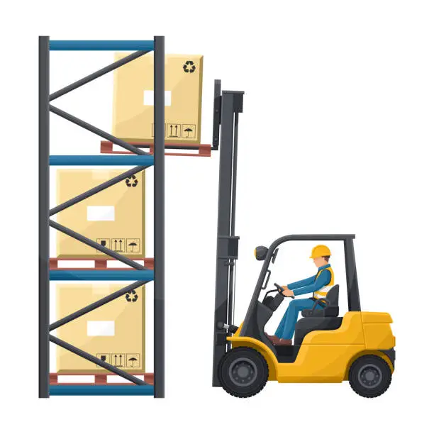 Vector illustration of Safely driving a forklift. Fork lift truck lifting pallet with boxes to an industrial warehouse rack. Forklift driving safety. Security First. Industrial storage and distribution of products