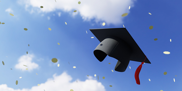 The background of the graduation cap flying against the sky at the graduation ceremony, 3d rendering