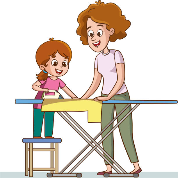 rodzinne prace domowe. rodzice i dzieci sprzątają dom kartopa wektor - stereotypical housewife little girls family domestic kitchen stock illustrations