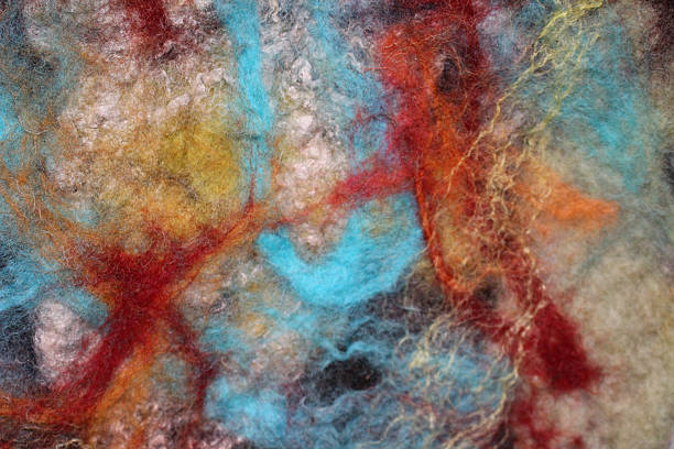 Detail of a colorful felted  sheep wool and raw silk  wall carpet