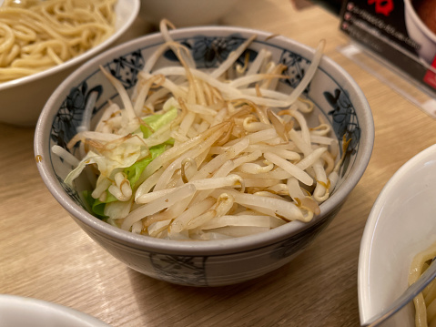 Boiled vegetables for toppings on ramen. Bean sprouts, cabbage.