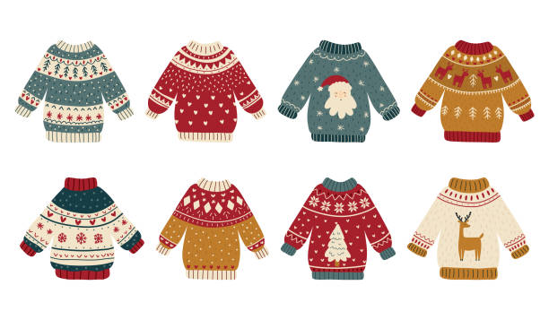 Collection of ugly Christmas sweaters or jumpers isolated on light background. Bundle of knitted woolen winter clothing with various prints. Colorful vector illustration in flat cartoon style.