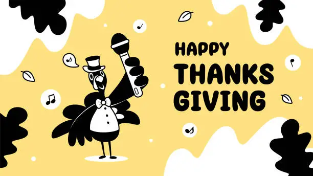 Vector illustration of A turkey wearing a top hat and talking with a microphone on Thanksgiving Day