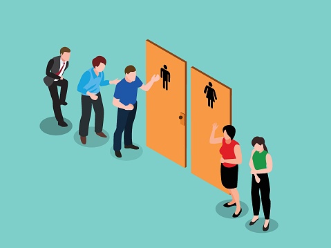 Queue To Toilet, People Waiting At Wc Door Stand In Line isometric 3d vector concept for illustration, banner, website, landing page, flyer, etc.