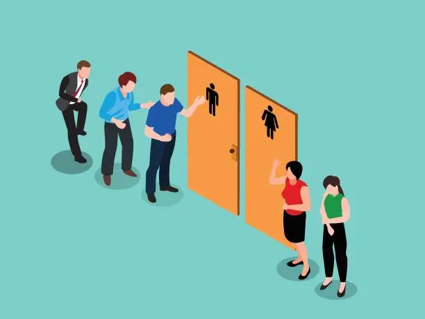 Vector illustration of Queue To Toilet, People Waiting At Wc Door Stand In Line