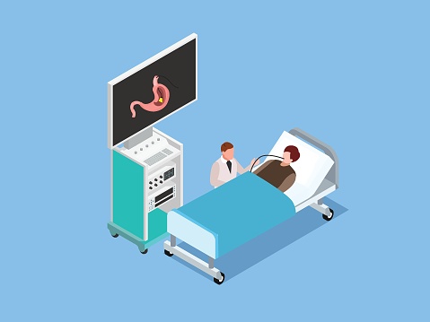 doctor sitting next to the patient bed  doing Gastroscopy isometric 3d vector concept for illustration, banner, website, landing page, flyer, etc.