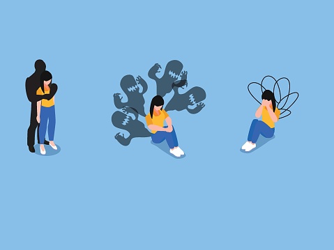 Phobias, anxiety, panic attack. Psychology, solitude, fear or mental health problems isometric 3d vector concept for illustration, banner, website, landing page, flyer, etc.