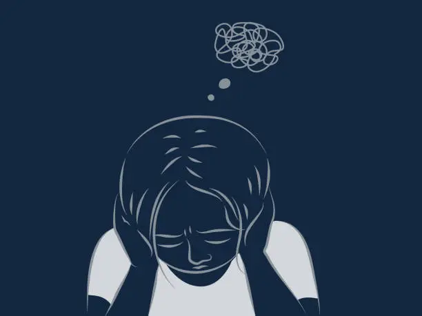 Vector illustration of An unhappy child girl do hands covoring on ears, mental health concept.