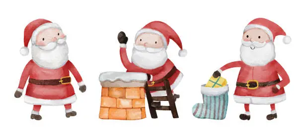 Vector illustration of Santa claus . Christmas theme . Watercolor paint cartoon characters . Isolated . Set 4 of 15 . Vector .