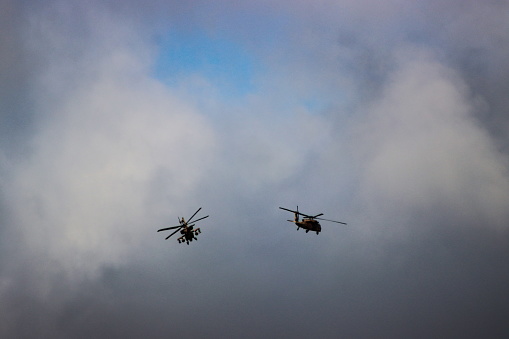 Jerusalem, 05. 05. 2022:\nIsrael's Independence Day provides an opportunity for the IDF (Israeli Defense Force) to proudly present parts of its air force each year. Here we see two modern helicopters.