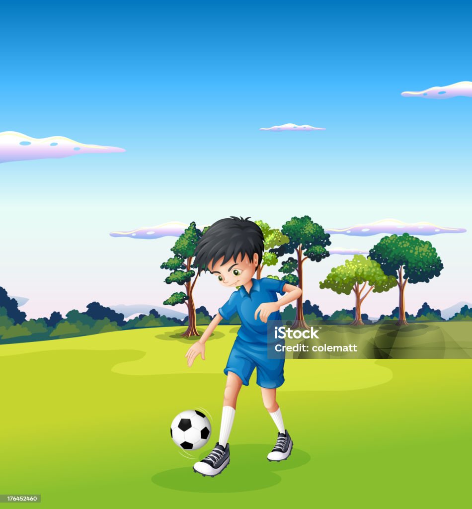Niño jugando fútbol en el bosque - arte vectorial de Acontecimiento libre de derechos