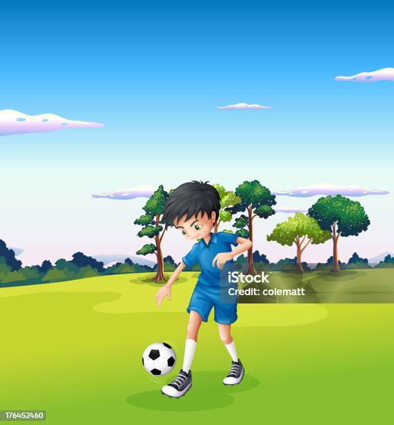 Ilustración de Niño Jugando Fútbol En El Bosque y más Vectores Libres de Derechos de Acontecimiento - Acontecimiento, Actividad, Aire libre