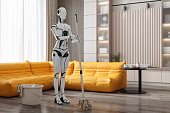 Robot Assistant Standing With Mop In Living Room. Cleaning House With Humanoid Robot