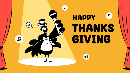 Thanksgiving characters vector art illustration.
A turkey wearing a top hat and talking with a microphone on stage on Thanksgiving Day.
Characters are painted in black and white with outlines.