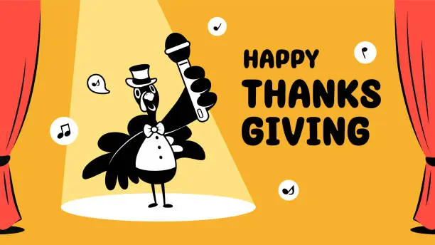 Vector illustration of A turkey wearing a top hat and talking with a microphone on stage on Thanksgiving Day