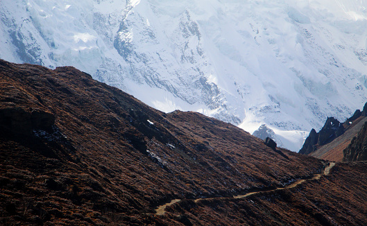 Trail to Tilicho Lake, Himalayan Mountains of Nepal. Annapurna circuit trek. negotiates the narrow trail on landslide prone slopes. Trekking to Tilicho Lake. Annapurna circuit trek. Nepal