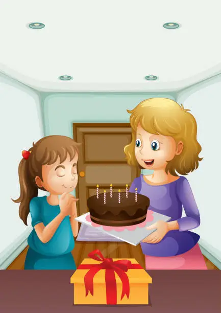 Vector illustration of Girl wishing before blowing her birthday cake