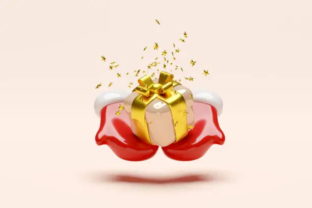 Photo of 3d winter gloves with gift box, star confetti. merry christmas and happy new year, 3d render illustration