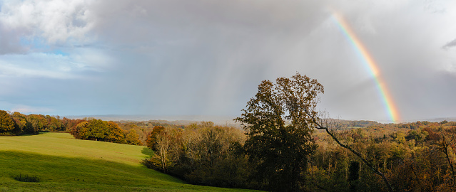 Rainbow over Brightling park on the high weald in east Sussex south east England UK