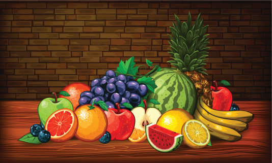 An illustration of a wide variety of fruits laid out on a kitchen table. EPS 10 file, layered & grouped, with meshes and transparencies (shadows & overall effects only).