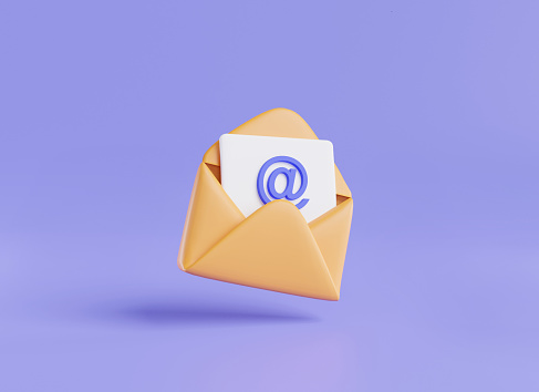 3d icon rendering illustration of Envelope with letter paper document. Mail icon, online message, Email message, mail icon, Card and invitations. Cartoon minimal style on purple background