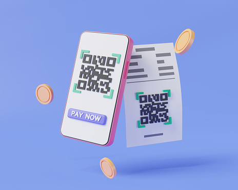 Mobile QR code scanning payment with payment receipt. Payment transaction, Paper bill invoice, Online shopping, Money transfer, Online payment. Cashless technology concept. 3d render illustration