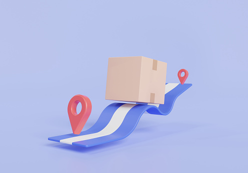 Delivery package with pin location point marker maps and navigation. Fast delivery service, online food order, Fast shipping, parcel box. delivery tracking location. 3d render illustration