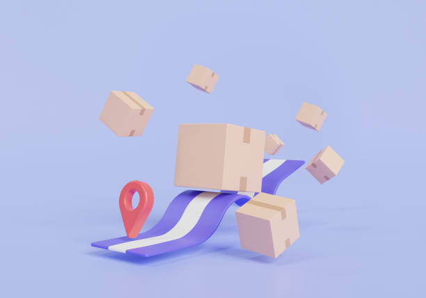 istock Online order tracking with pin location point marker maps and navigation. Cardboard box, Fast delivery service, online food order, Fast shipping, parcel box. 3d minimal render illustration 1764562174