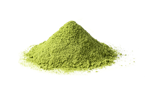 Matcha green tea on white background. Matcha powder.