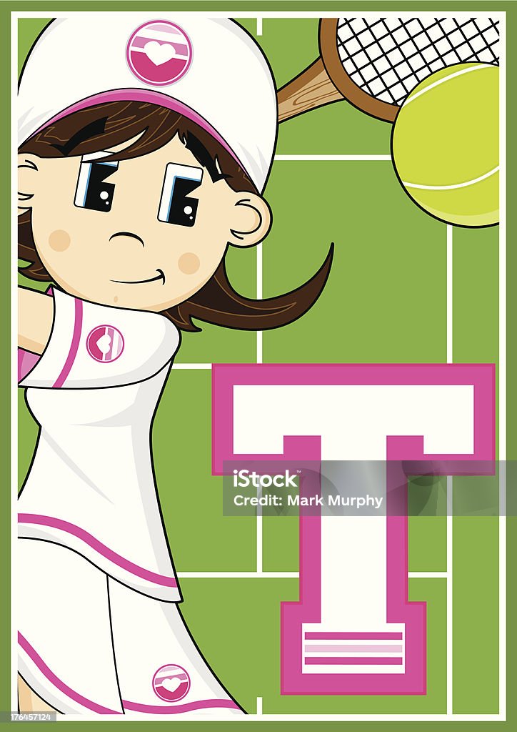 Tennis ragazza di apprendimento Lettera T - arte vettoriale royalty-free di Abbigliamento casual