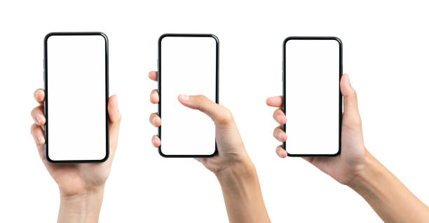 istock Clipping path, woman hand holding the black smartphone with blank screen on white background. 1764572672