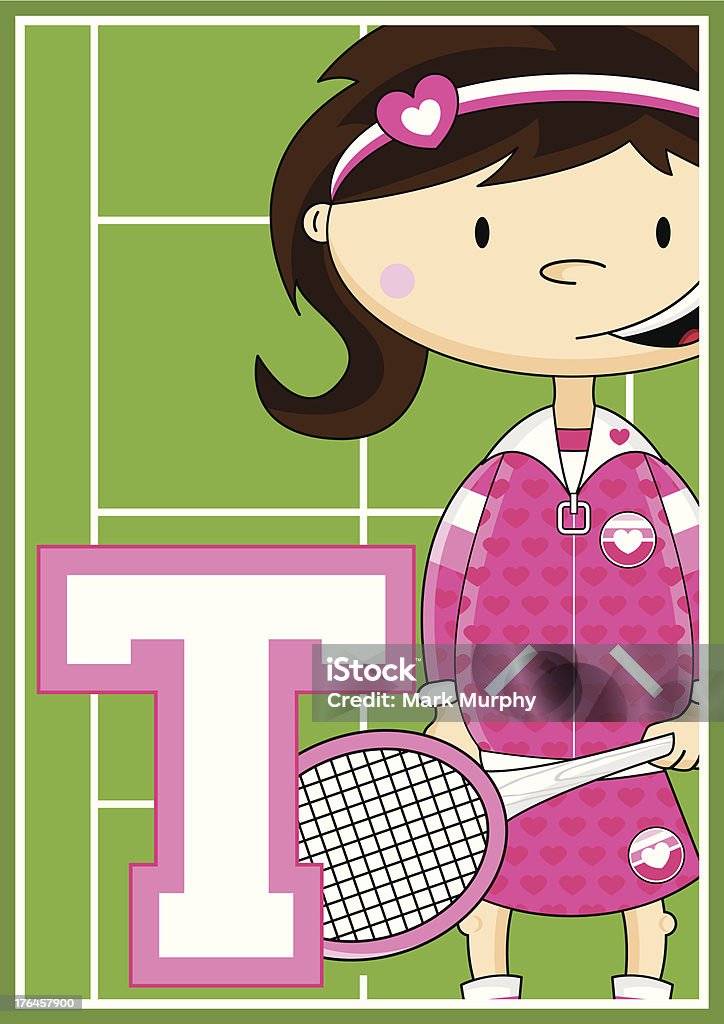 Tennis Mädchen lernen Buchstabe T - Lizenzfrei Alphabet Vektorgrafik