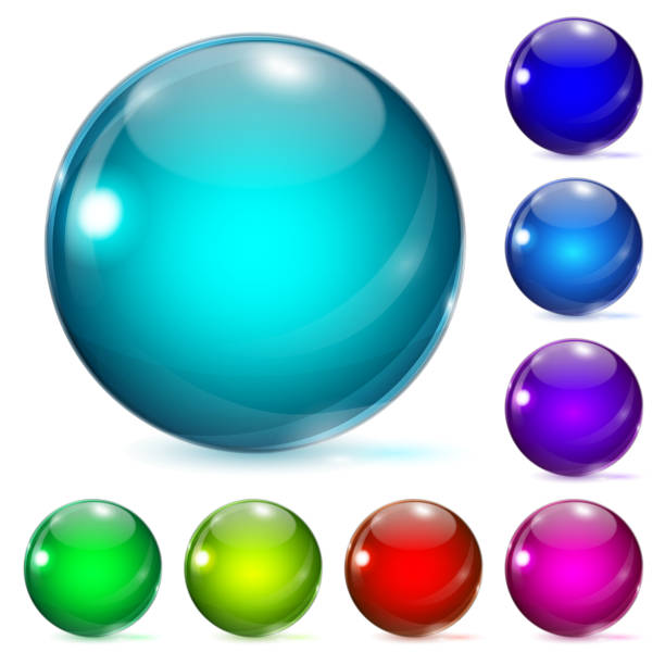 Glass balls of various sizes and colors Set of multicolored glass spheres with shadows. Vector illustration. marble sphere stock illustrations
