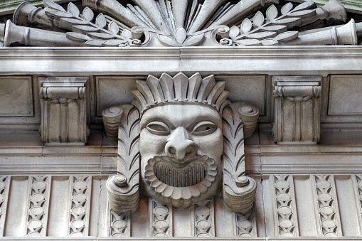 Theatrical mask on Civic Opera House, Chicago, Illinois, USA.
