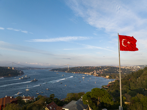 100th Anniversary Celebrations of the Republic of Turkey Turkish Flag and TCG Anadolu Turkish Navy Parade Drone Photo, 15 July Martyrs Bridge Çengelköy, Üsküdar Istanbul, Turkey (Turkiye)