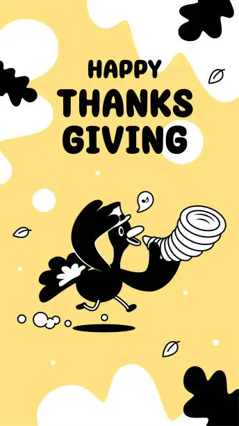 Vector illustration of A turkey wearing a top hat and running and holding a cornucopia on Thanksgiving Day