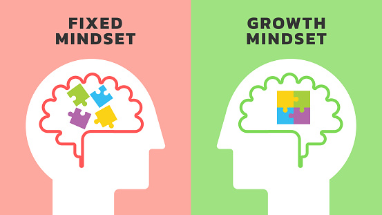 Illustration of The Difference Between a Fixed vs Growth mindset in the form of colorful arranged and disarranged shapes inside human head. Vector concept of a puzzle head brain neurology and psychology. Vector illustration. All in a single layer.