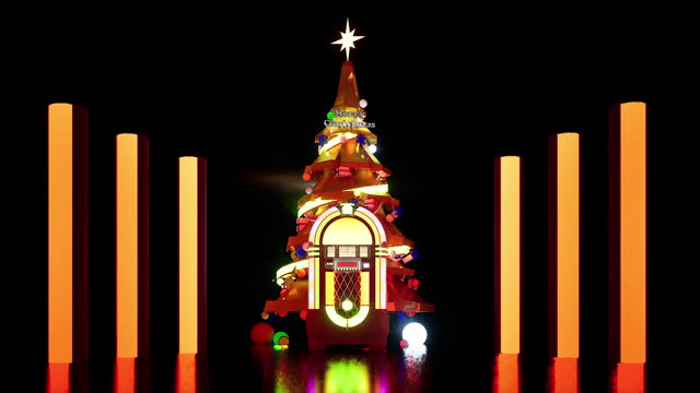 Jukebox lighting illuminating a Christmas tree