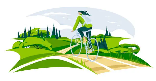 Vector illustration of Concept of green energy and safe environment, woman on bicycle on green meadow landscape background. Vector flat illustration