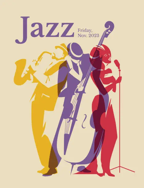 Vector illustration of Colorful figures silhouettes. A group of three jazz musicians. Singer, saxophone, double bass. Concert, music club, entertainment poster. Vector flat illustration
