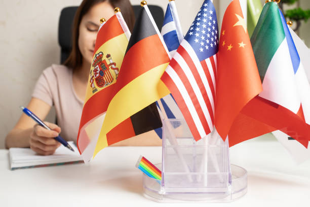 istock Language school, teen among international flags, foreign education, learning 1764639132